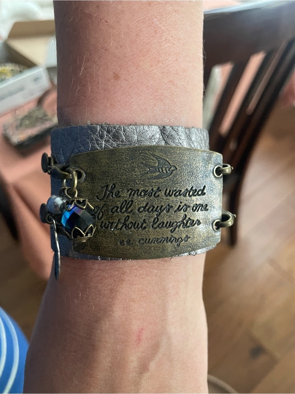 Inspirational Metallic Leather Bracelet with Brass Plate and Charms - Picture 2 of 8